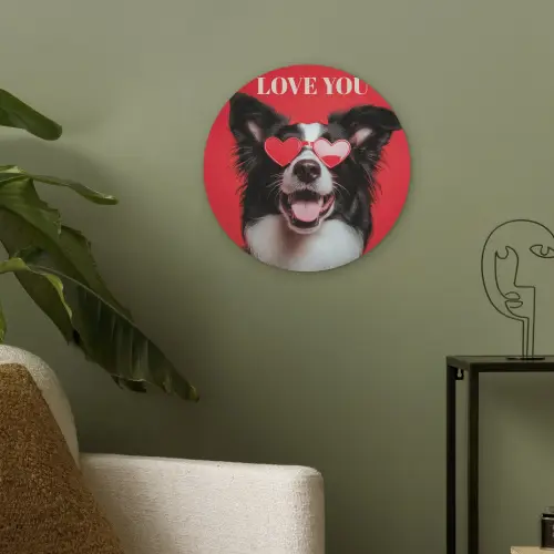 Hond - Hartjesbril - Loveyou - Rood Akoestische PET Vilt - Rond klein -sfeer2