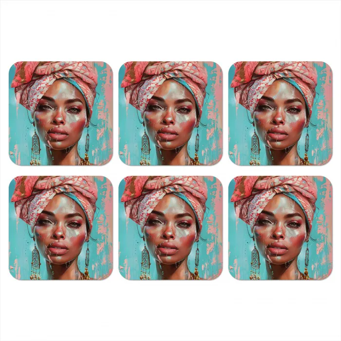 Vrouw - Portret - Blauw - Roze - Modern onderzetter kurk middel -3d