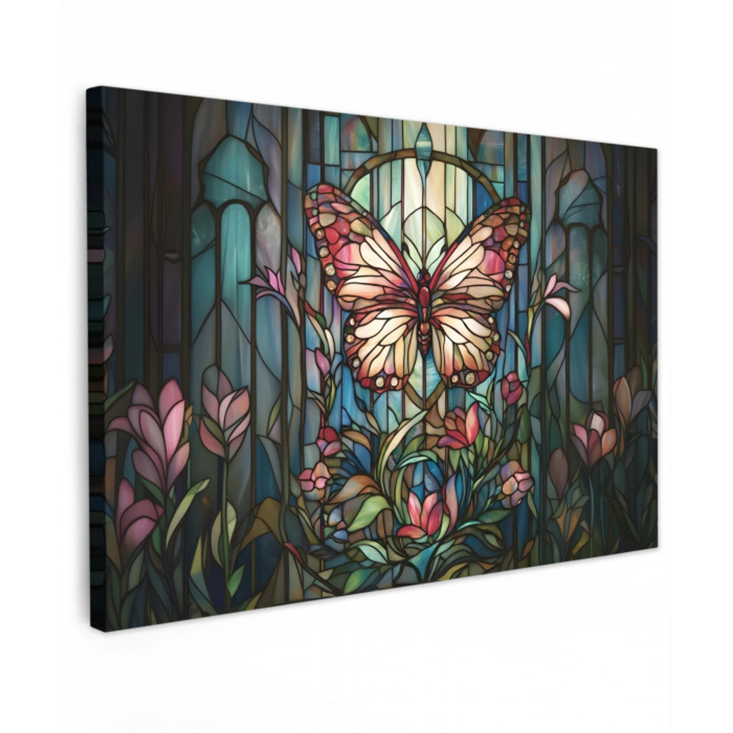 Vlinder - Roze - Bloemen - Bladeren Tuinposter op houten frame 2 cm dik klein -3d