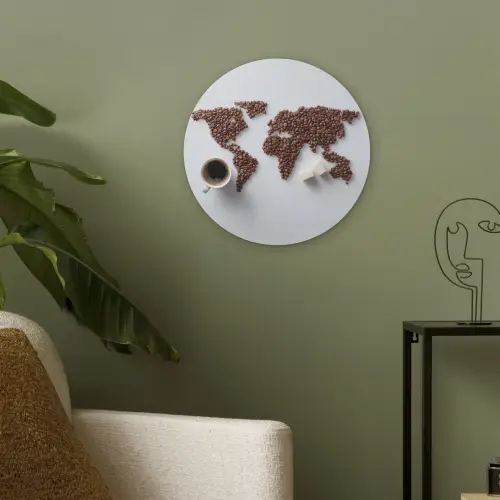 Wereldkaart - Koffiebonen - Suikerklontjes Akoestische PET Vilt - Rond klein -sfeer2
