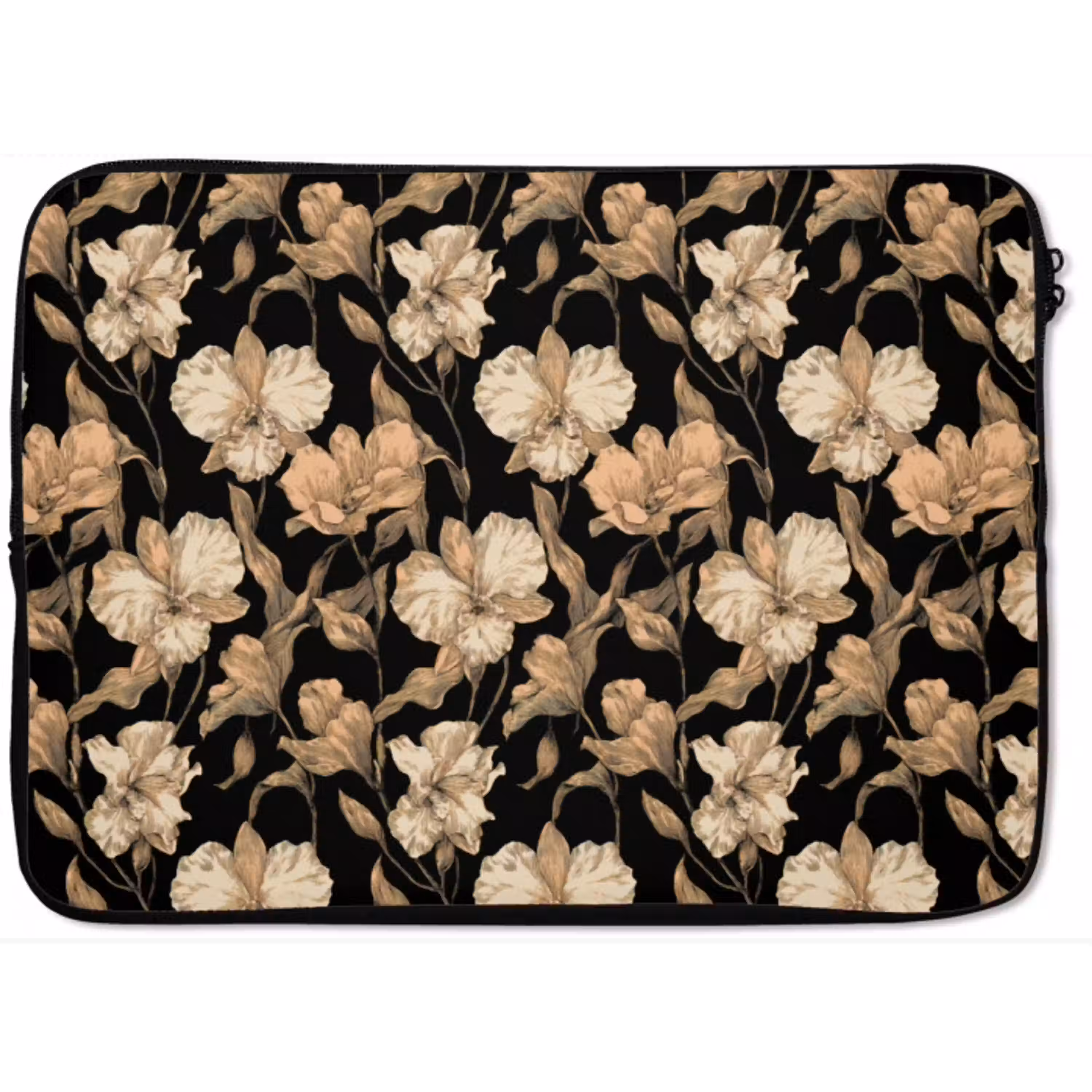 Orchideeën - Lijntekening - Patroon - Beige - Zwart laptophoes neopreen klein 279 -zkaufland3dotto