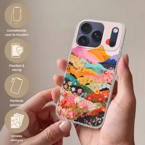 Kleurrijke bloemen - Bergen - Fantasielandschap Telefoonhoesje iPhone 17 Pro klein -sfeer3_NL