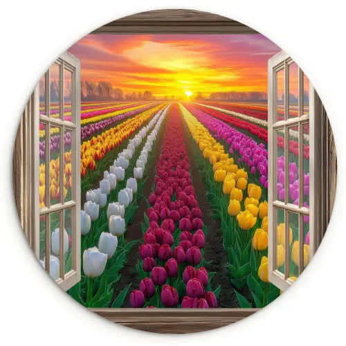 Doorkijk - Bloemen - Tulpen - Kleurrijk - Zonsondergang Wandcirkel kunststof plaat 5mm dik klein -3d