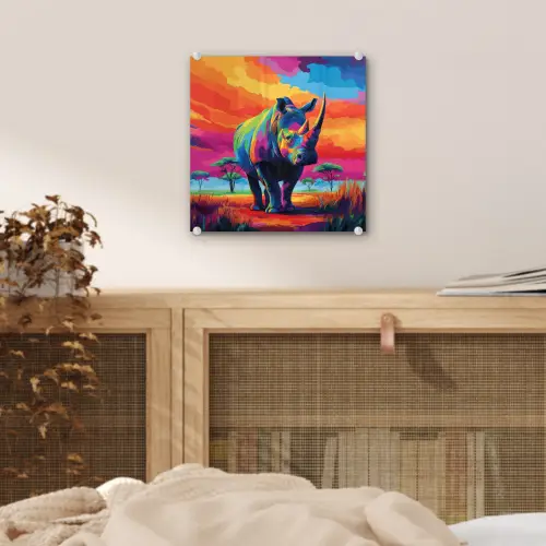 Neushoorn - Zonsondergang - Savanna - Kleurrijk plexiglas 5mm klein -sfeer4