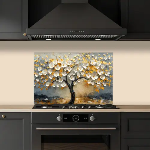 Boom - Bloemen - Goud - Beige keuken achterwand spatscherm klein -sfeer1