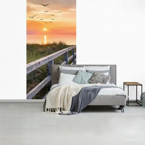 Zonsonderang - Zee - Pad - Gras - Duin - Vogels fotobehang vinyl groot -slaapkamer