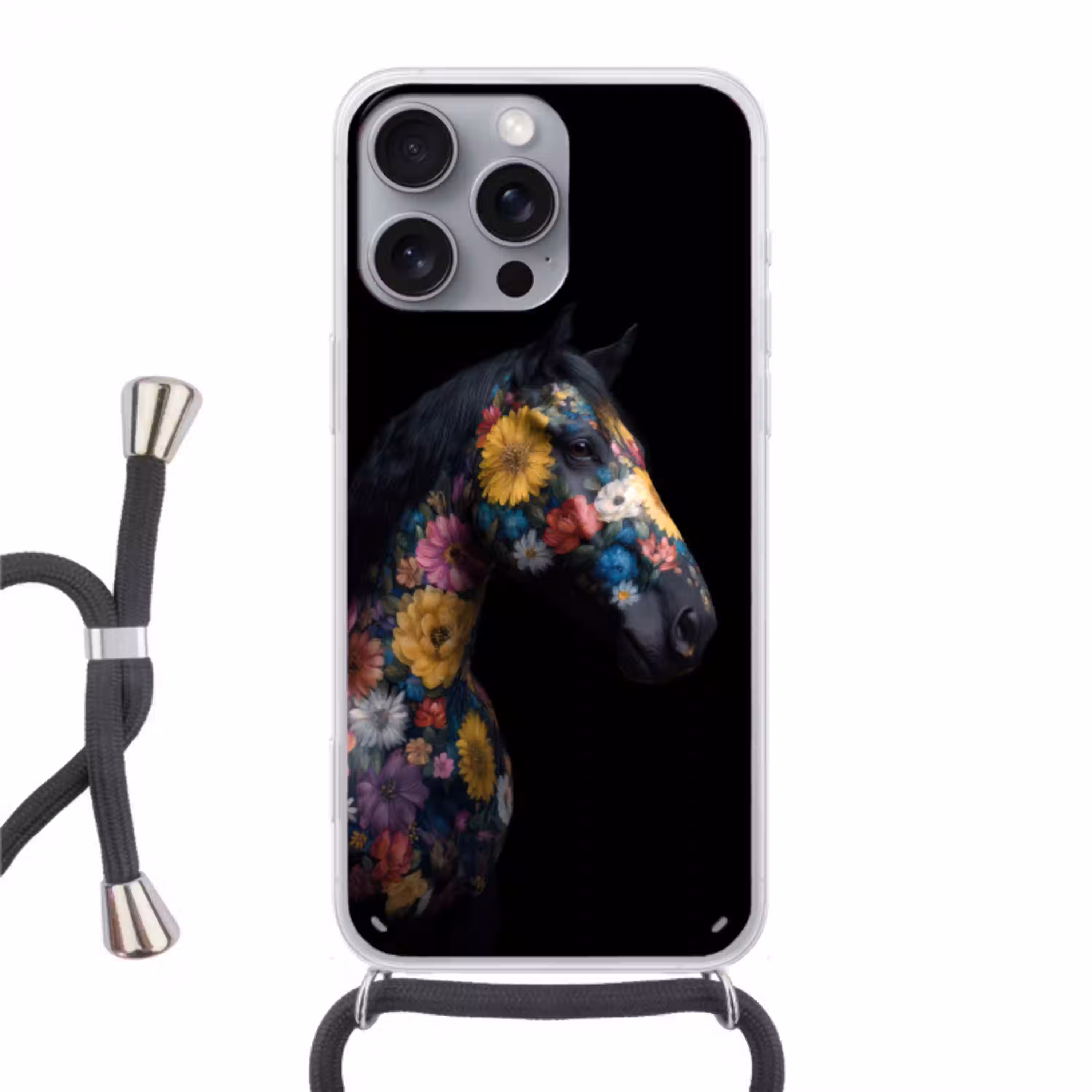 Paard - Bloemen - Zwart Hoesje iPhone 16 Pro Max met koord klein -3d