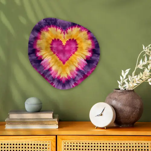 Tie dye - Hartvorm - Vlammen - Oranje Wandcirkel Organisch Forex 3mm klein -sfeer2
