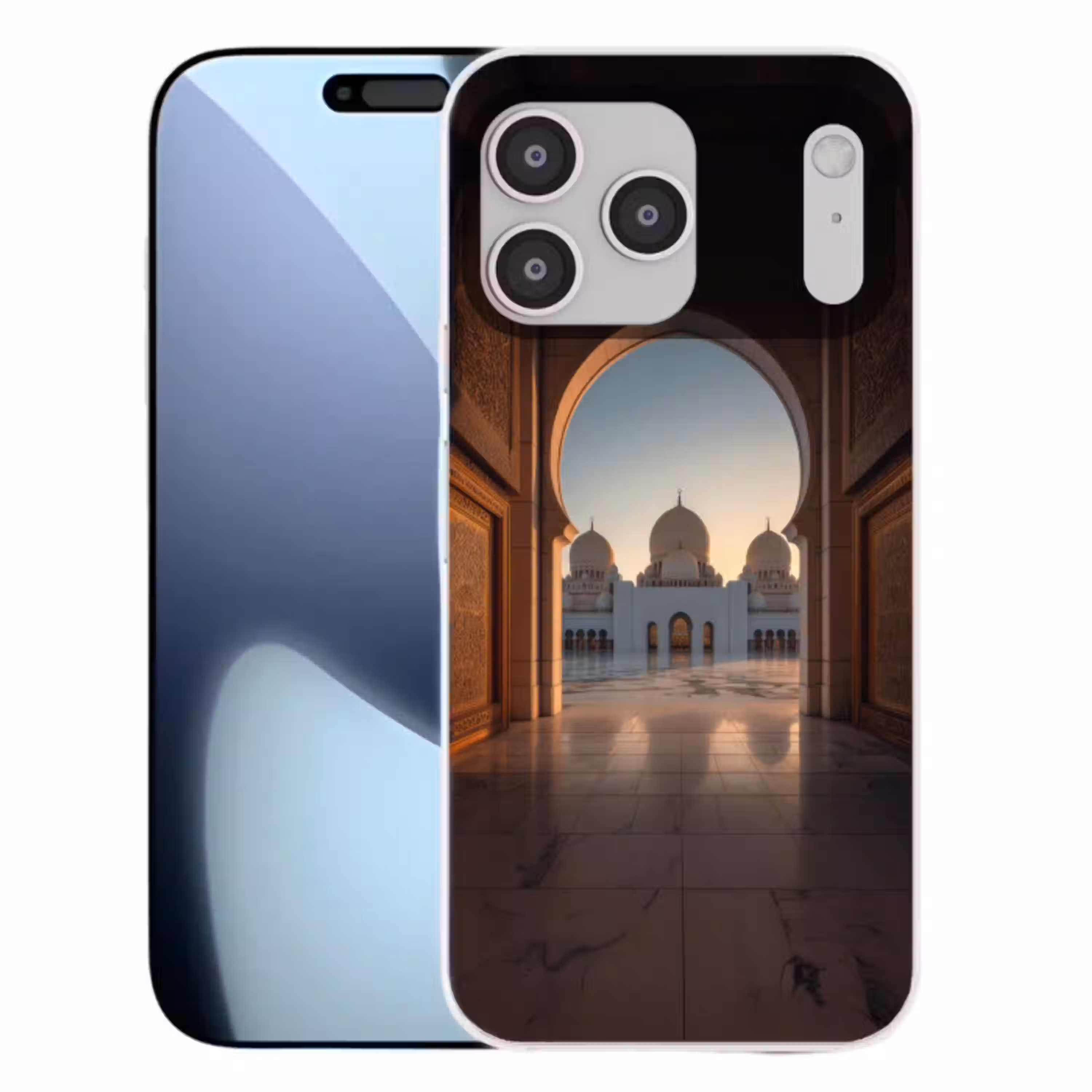 Zonsopkomst - Witte koepels - Plein - Moskee Telefoonhoesje iPhone 17 Pro Max klein -3d