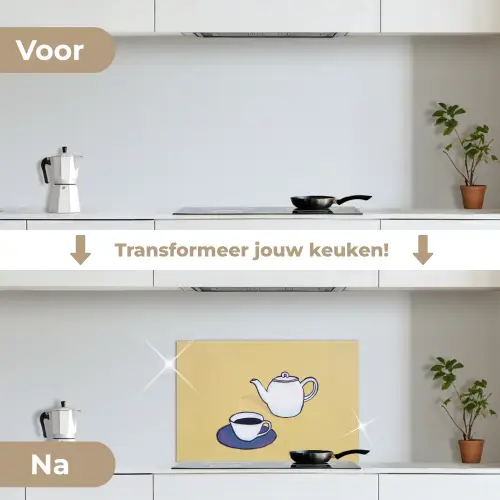 Theepot - Kopje - Beige - Illustratie keuken achterwand spatscherm klein -voor_na_NL