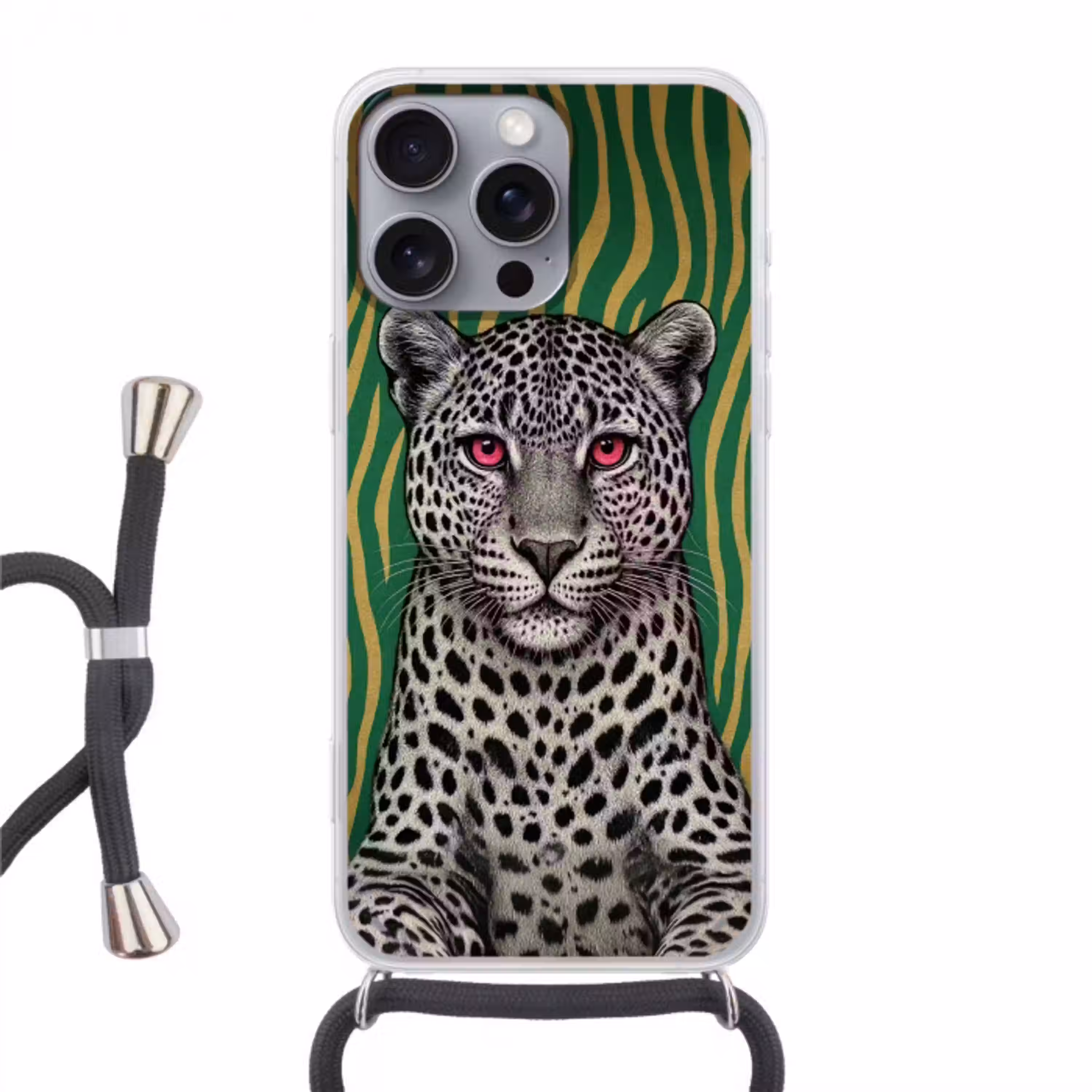 Panter - Zebrapatroon - Groen Hoesje iPhone 16 Pro Max met koord klein -3d