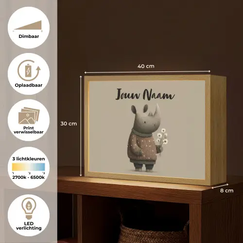 Neushoorn - Witte bloemen - Lief Light Box met batterij (Wandlamp kind) middel -USP_websiteoverzichtNL