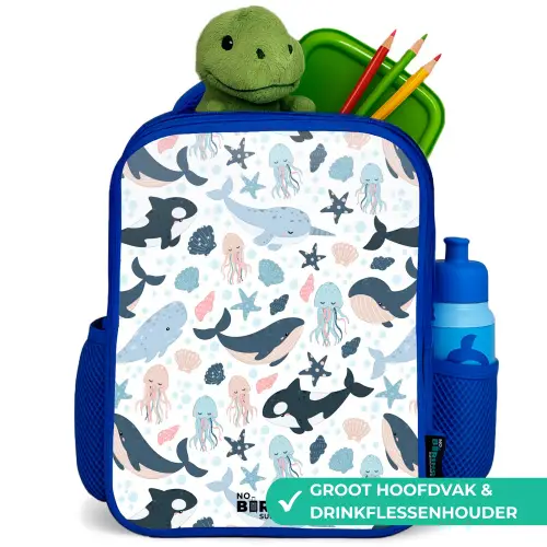 Zeedierenpatroon met walvissen, kwallen en orka's Kinderrugzak - Blauw middel -inhoud_NL
