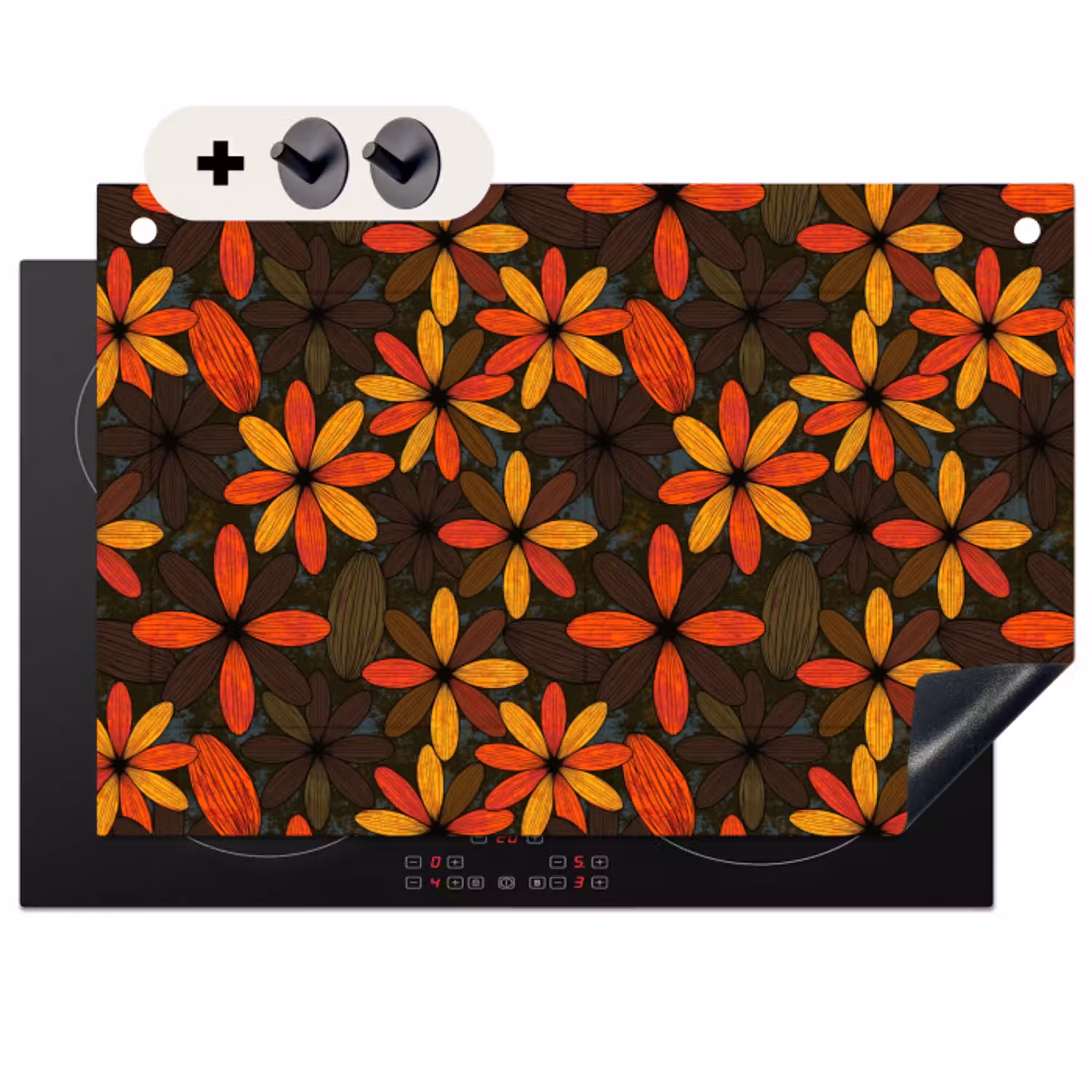 Oranje - Retro - Bloemen - Herfst Inductie beschemer met haakjes klein 777 -3d