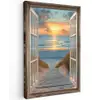 Doorkijk - Strand - Pad - Zonsondergang Tuinposter op houten frame 2 cm dik klein -3d