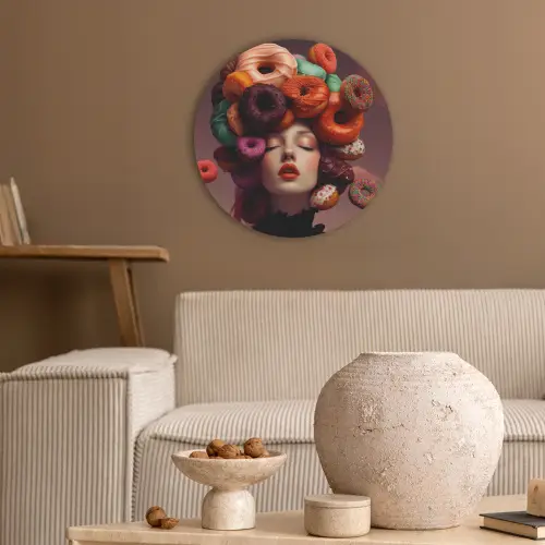 Vrouw - Donuts - Kleurrijk Akoestische PET Vilt - Rond klein -sfeer1