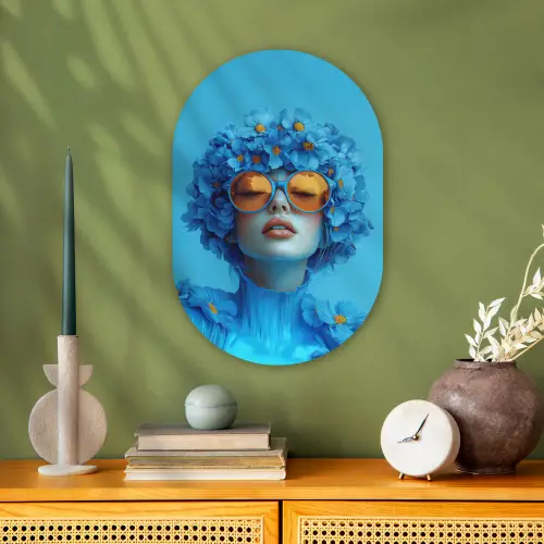 Vrouw - Bloem - Blauw - Modern - Bril - Portret Wandcirkel Ovaal Forex klein -sfeer2