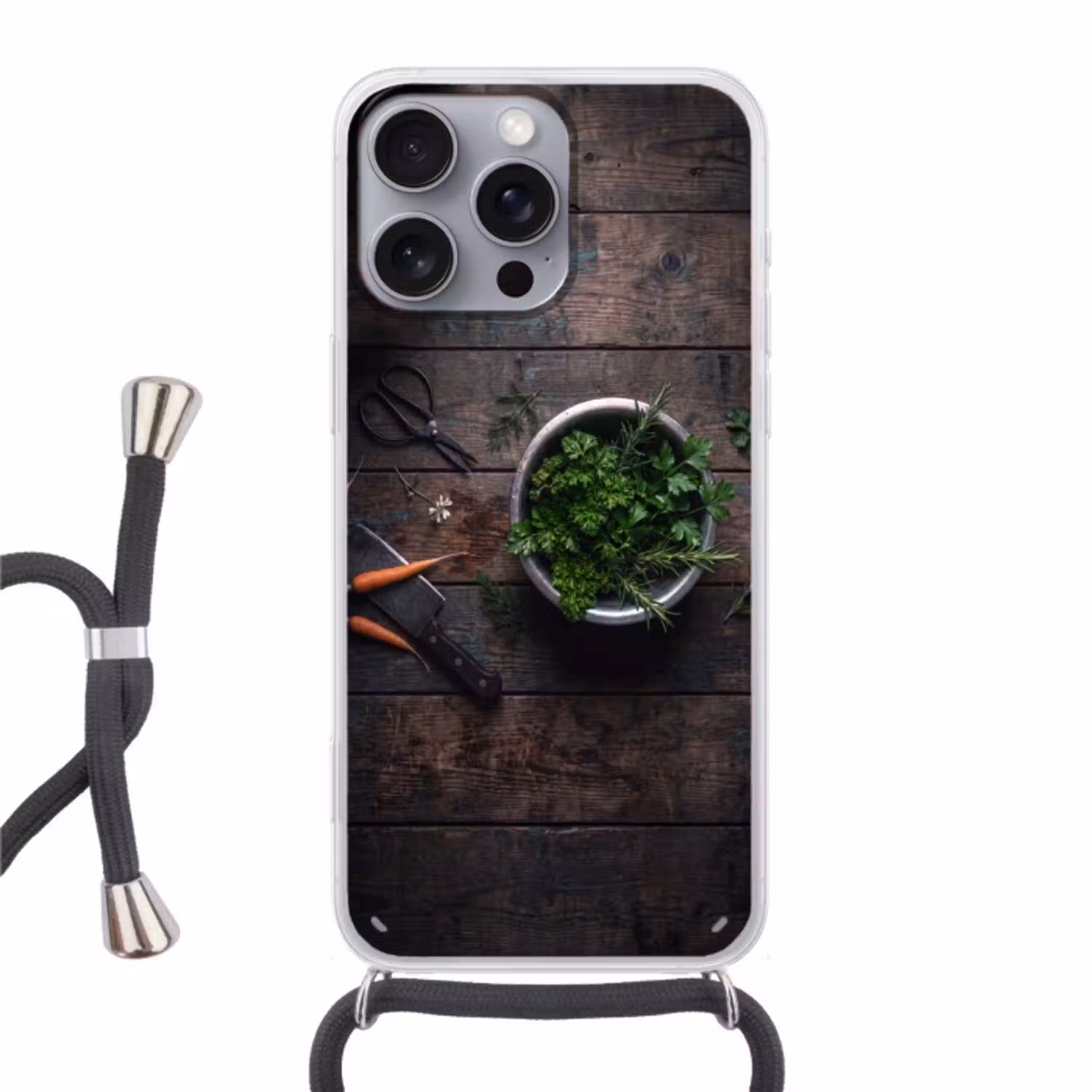 Groenten - Hout - Eten Hoesje iPhone 16 Pro Max met koord klein -3d