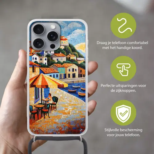 Kustdorp - Huisjes - Mozaïek - Zee Hoesje iPhone 16 Pro Max met koord klein -sfeer2_NL