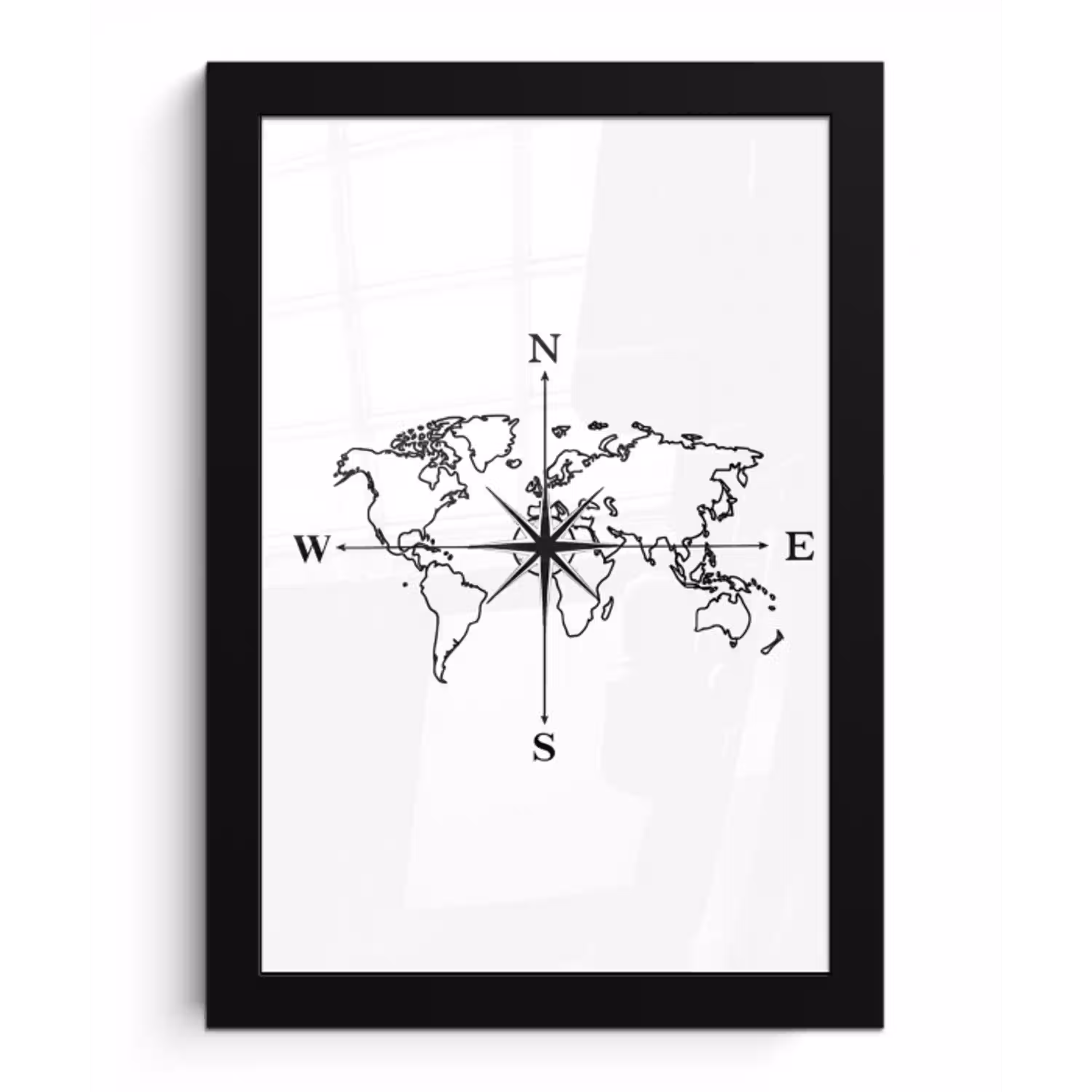 Wereldkaart - Windrichtingen - Kompas fotolijst zwart zonder passe partout klein -3d
