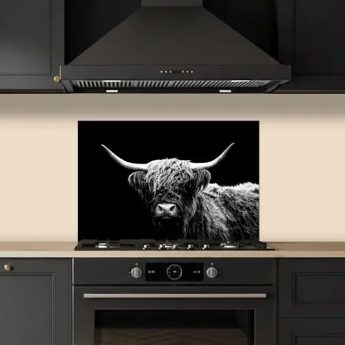 Schotse Hooglander - Koe - Zwart - Wit - Dieren keuken achterwand spatscherm klein -sfeer1