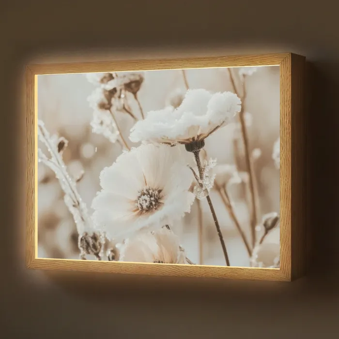 Bloemen - Winter - Wit - Sneeuw - Beige Light Box met batterij (Wandlamp) middel -z3d_website