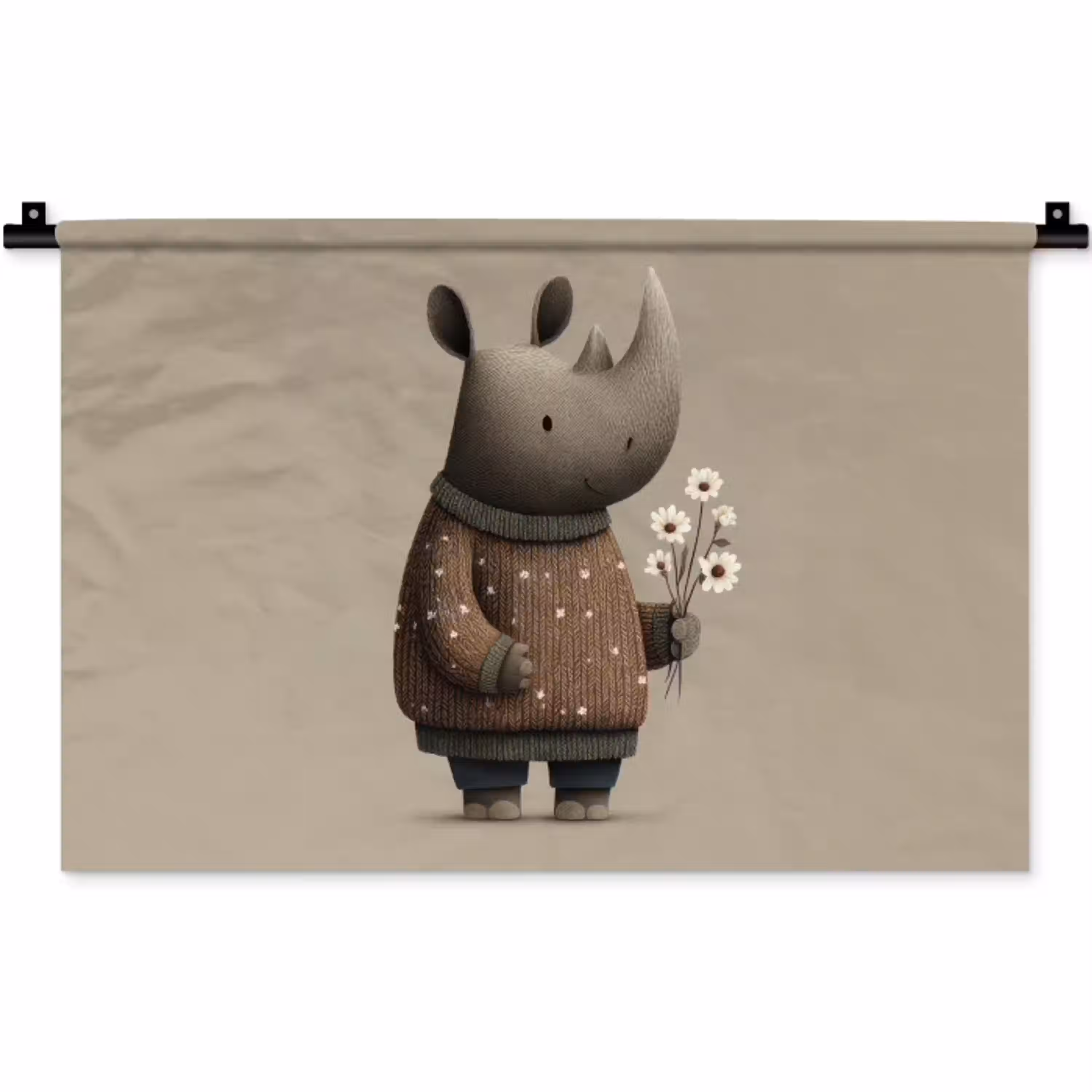Neushoorn - Witte bloemen - Lief Wandkleed katoen klein -zz3d