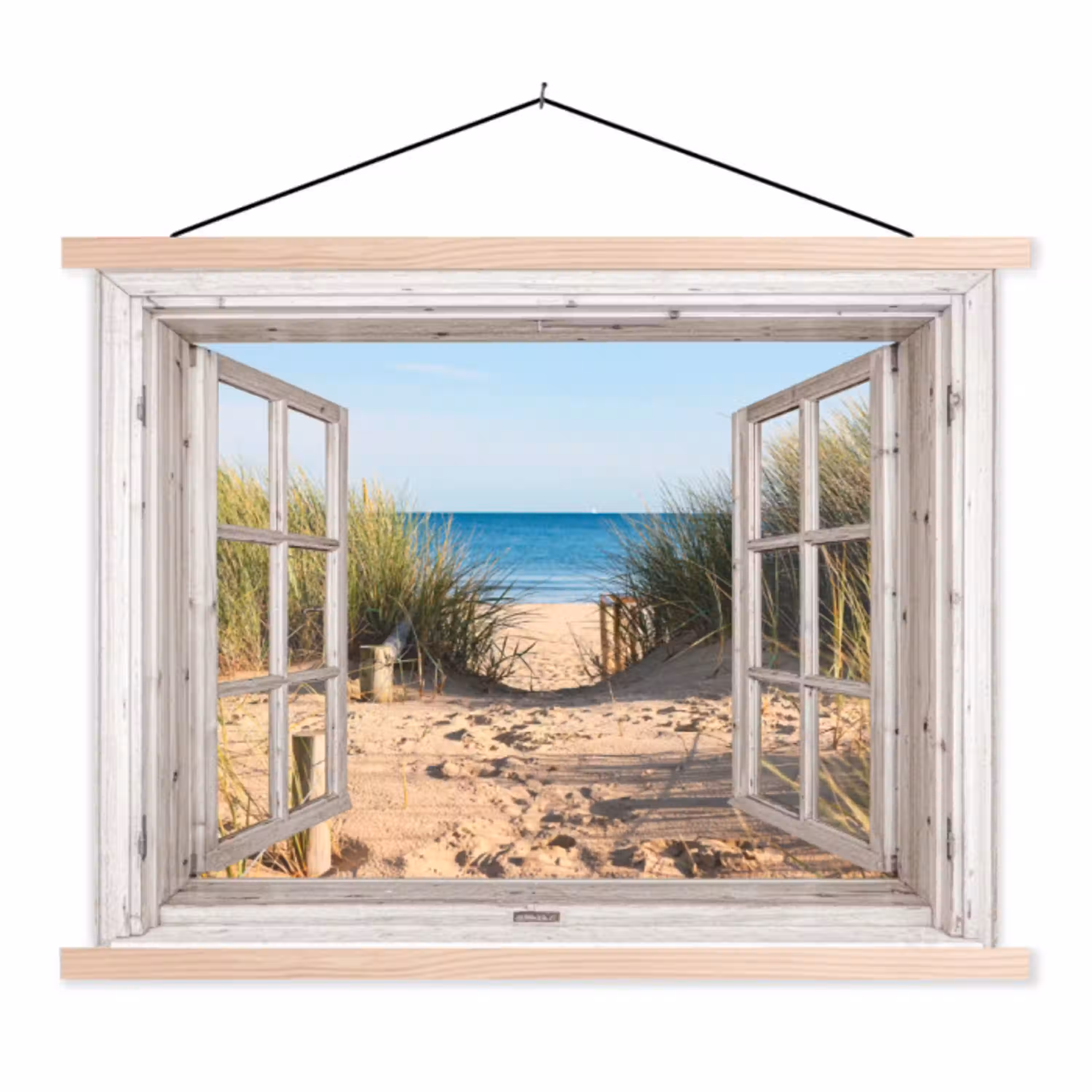 Doorkijk - Strand - Zee - Duinen - Zand - Water - Helmgras textielposter latten blank klein -3d