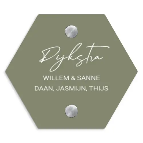 Olijfgroen - Sierlijk Naambord Hexagon klein -3d