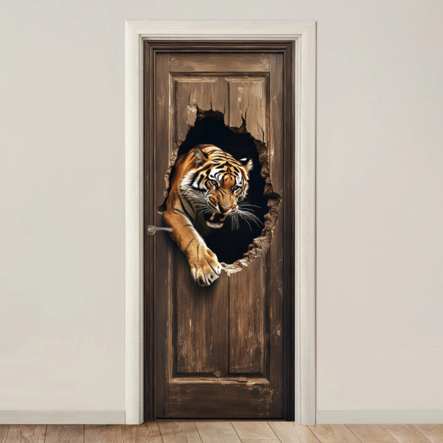 Tijger - Doorkijk - Deur - Hout - Dieren deurposter klein -3d_beige