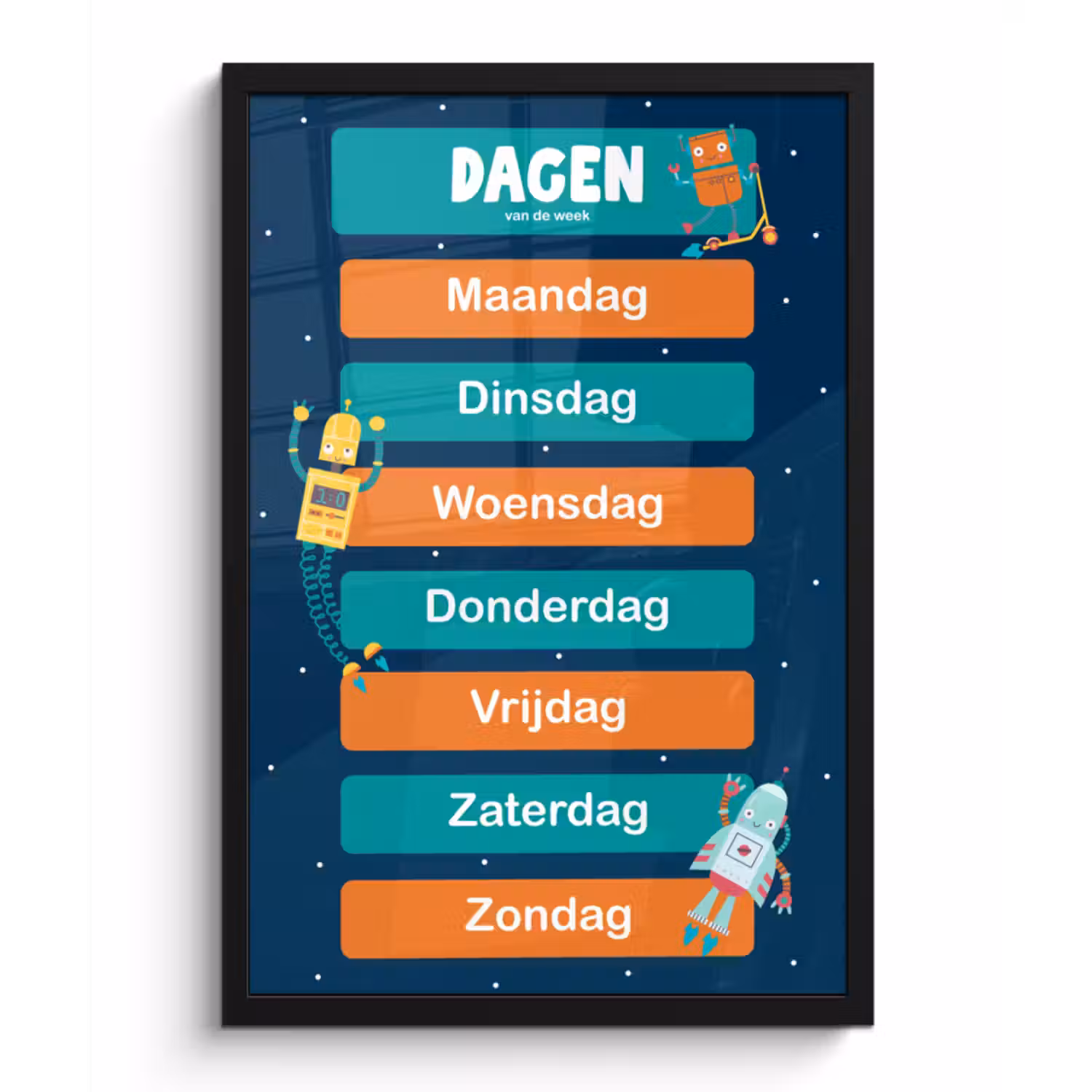 Poster met lijst - Kinderkamer - Educatief - Dagen - Jongens - Meisjes - Kinderen - Blauw - Kind