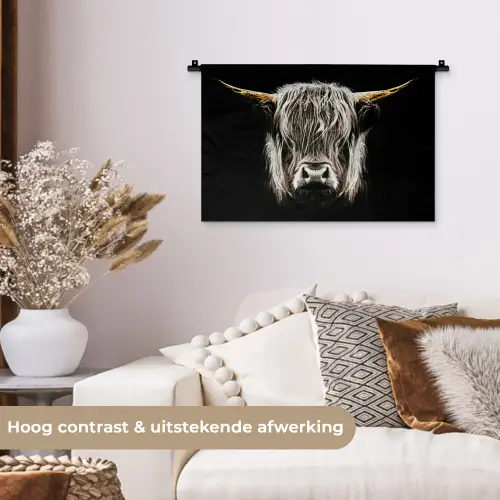 Schotse hooglander - Goud - Hoorns - Zwart wit - Koe - Dieren Wandkleed katoen klein -sfeer1