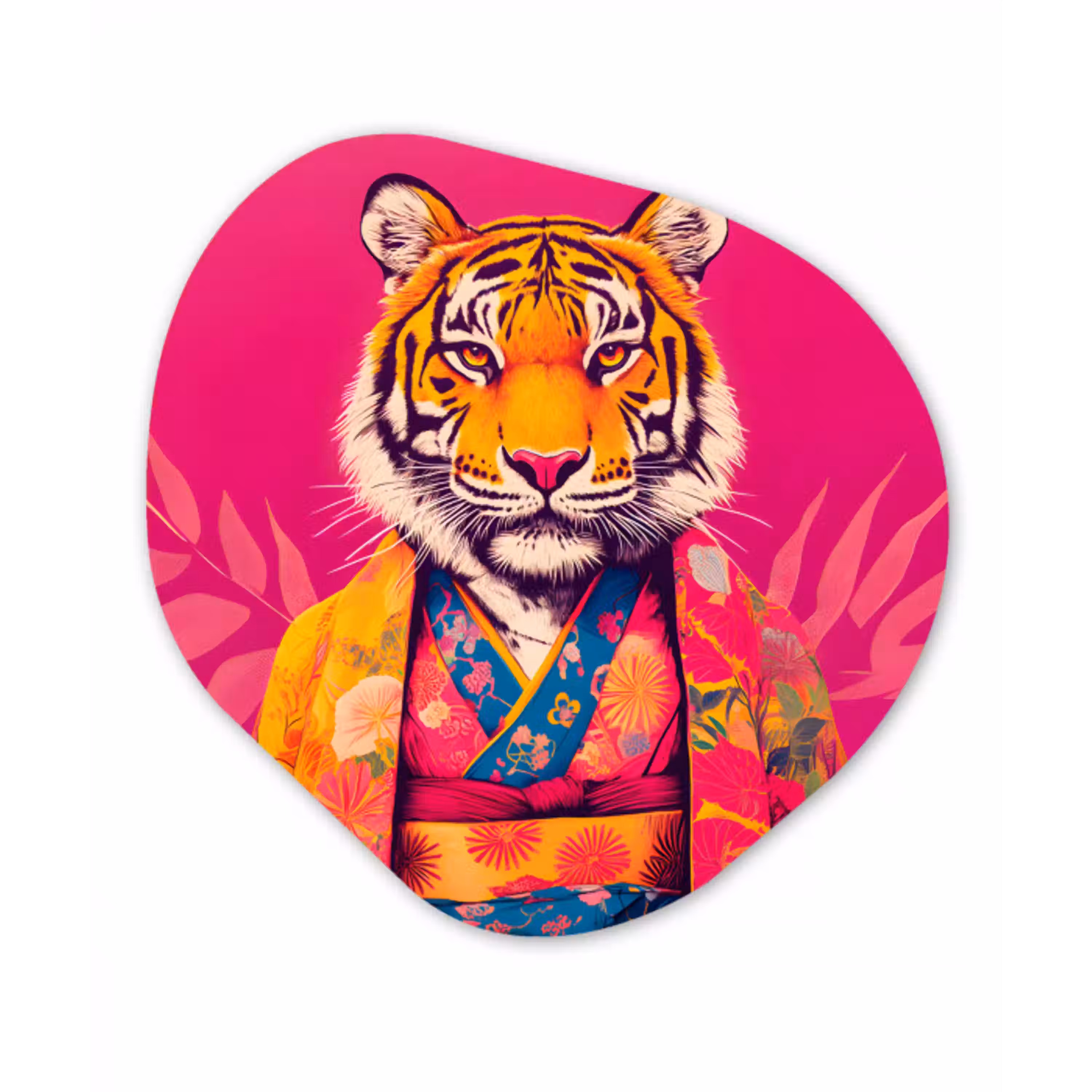 Tijger - Kimono - Planten - Roze Wandcirkel Organisch Forex 3mm klein -3d