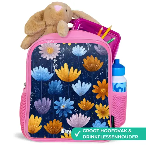 Bloemen op een donkerblauwe achtergrond Kinderrugzak - Roze middel -inhoud_NL