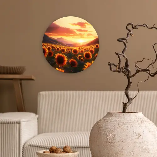 Zonnebloemen - Zonsondergang - Landschap Wandcirkel kunststof plaat 5mm dik klein -sfeer1