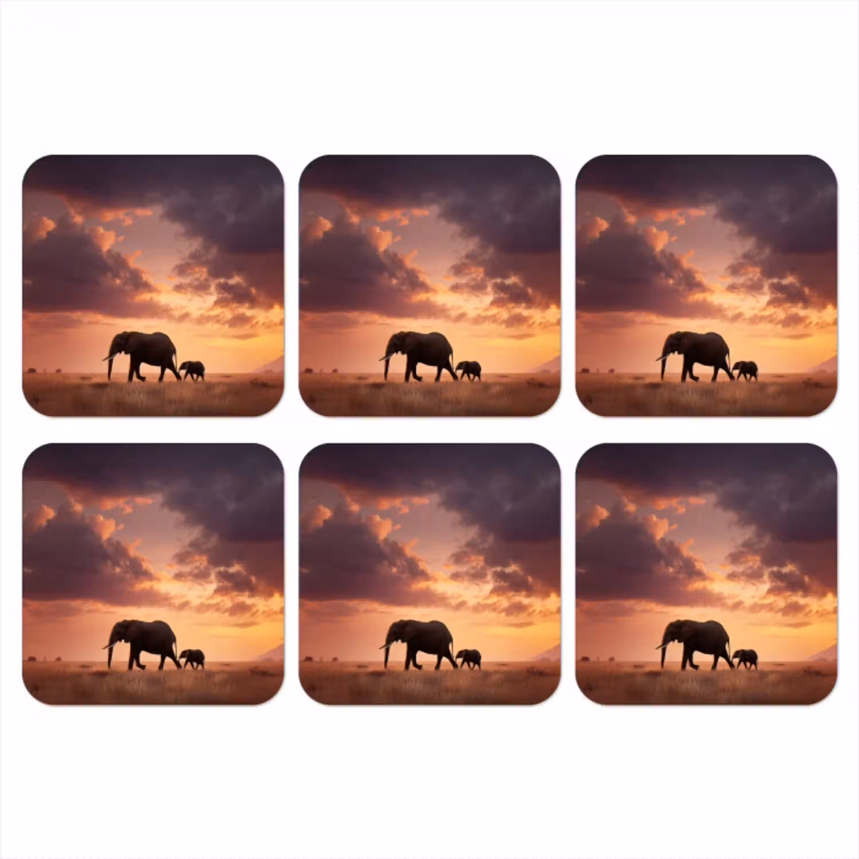 Olifanten - Grasland - Zonsondergang onderzetter kurk middel -3d