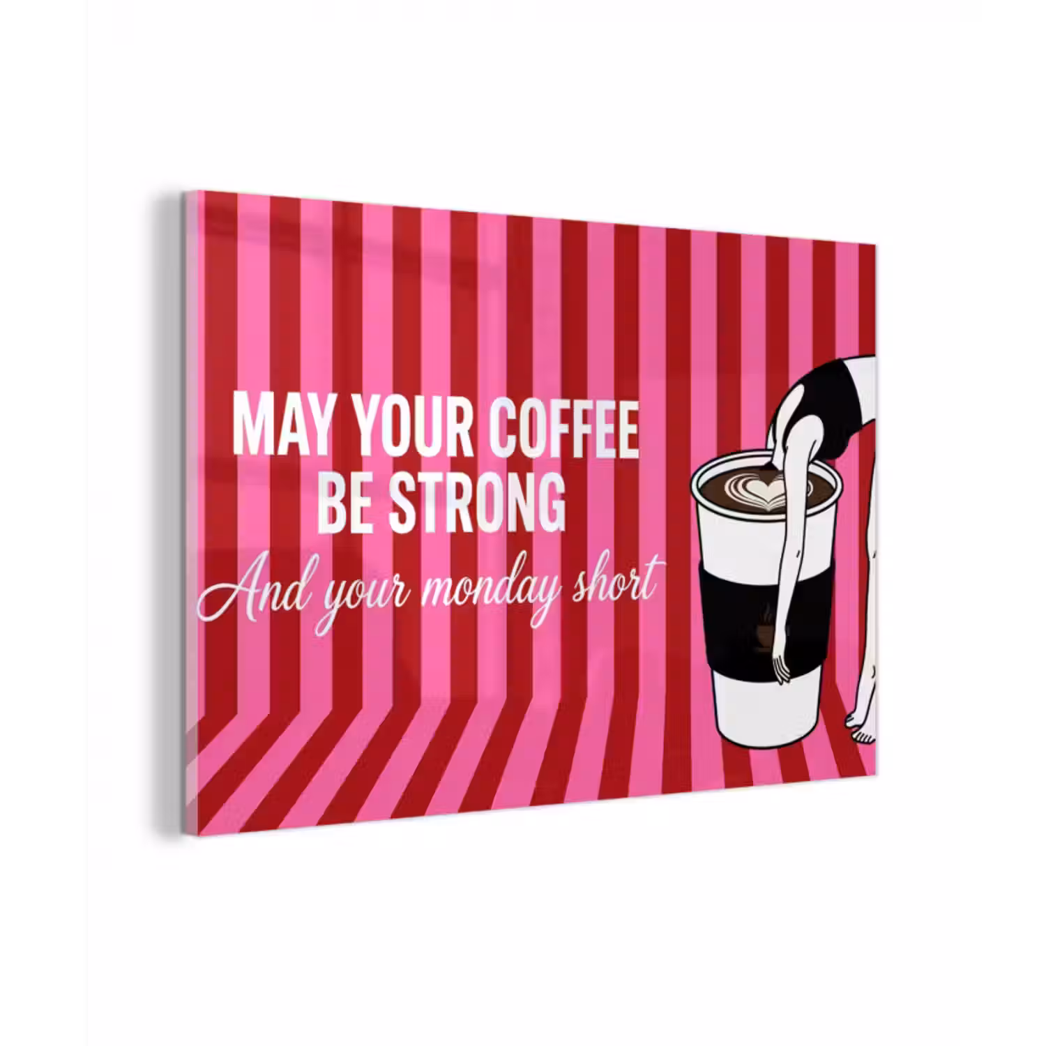 Glas schilderij - Roze - Strepen - Koffie - Maandag