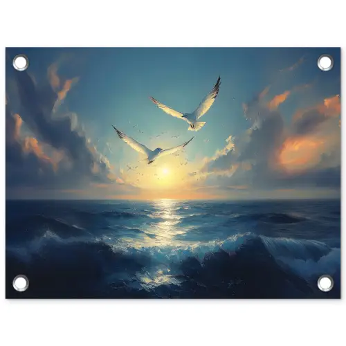 Meeuwen - Zee - Wolken -Blauw tuinposter los doek klein -3d