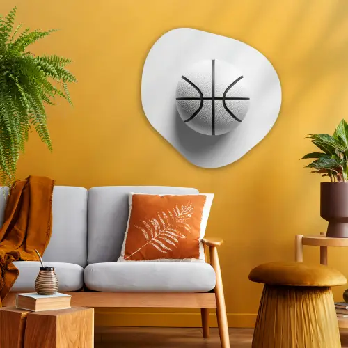 Basketbal - Wit - Schaduw - Lijnen Wandcirkel Organisch Aluminium middel -sfeer4