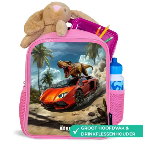 Rode sportauto met dino raast door tropisch strand Kinderrugzak - Roze middel -inhoud_NL