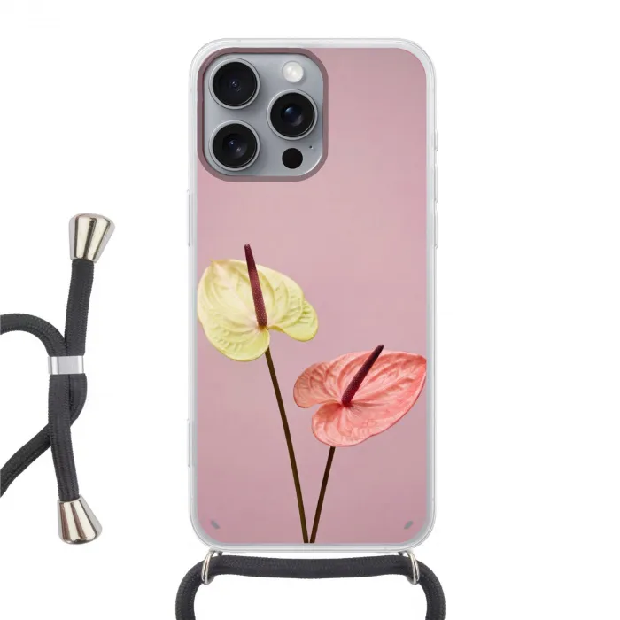 Bloemen - Anthuriums - Geel - Roze Hoesje iPhone 16 Pro Max met koord klein -3d