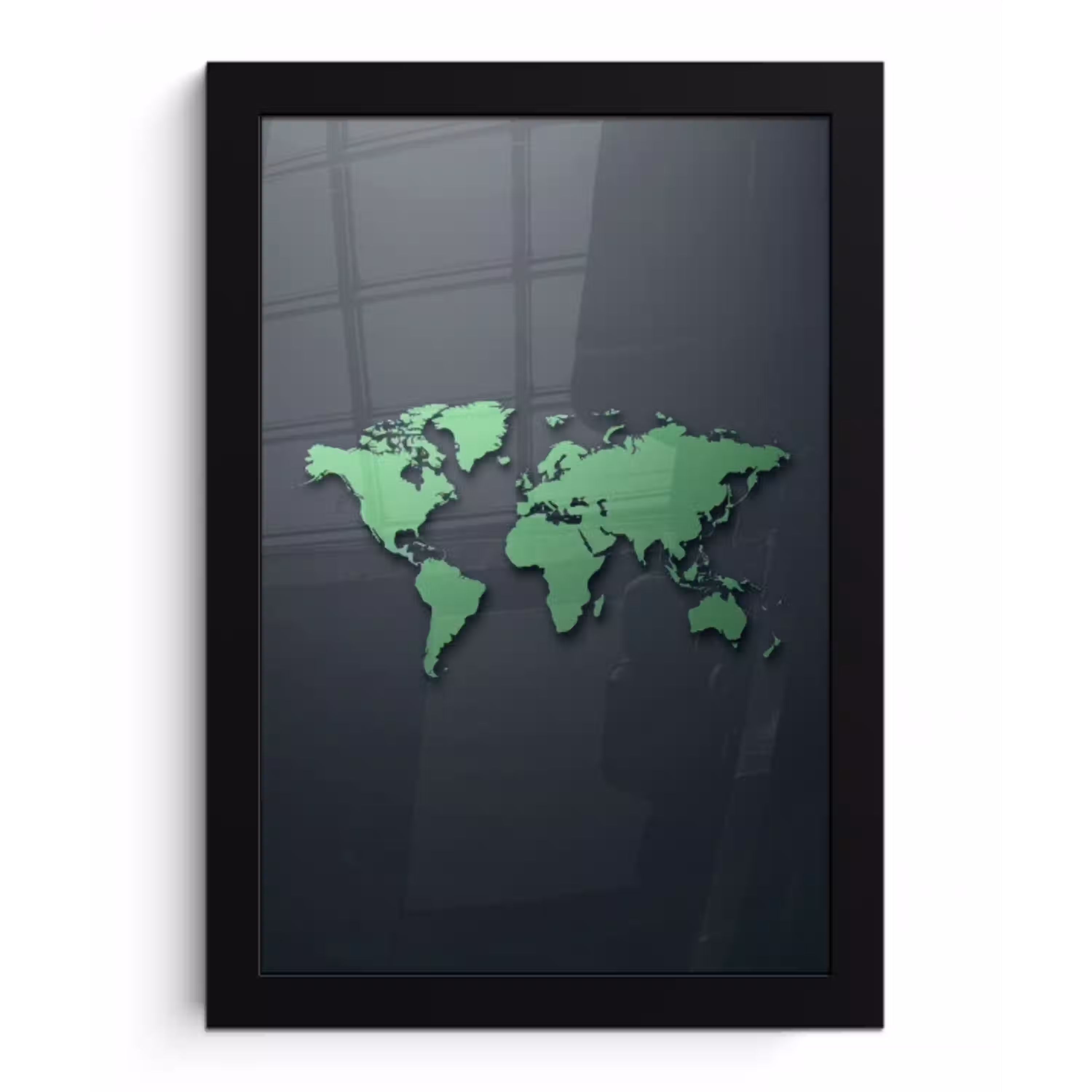 Grijs - Wereldkaart - Groen fotolijst zwart zonder passe partout klein -3d