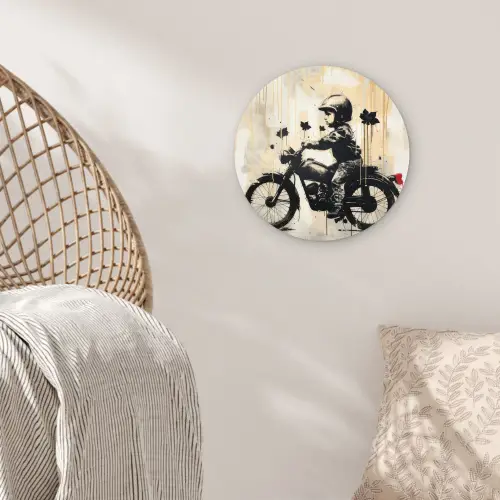 Vintage - Street art - Motor - Jongen - Graffiti - Zwart - Banksy Wandcirkel kunststof plaat 5mm dik klein -sfeer5
