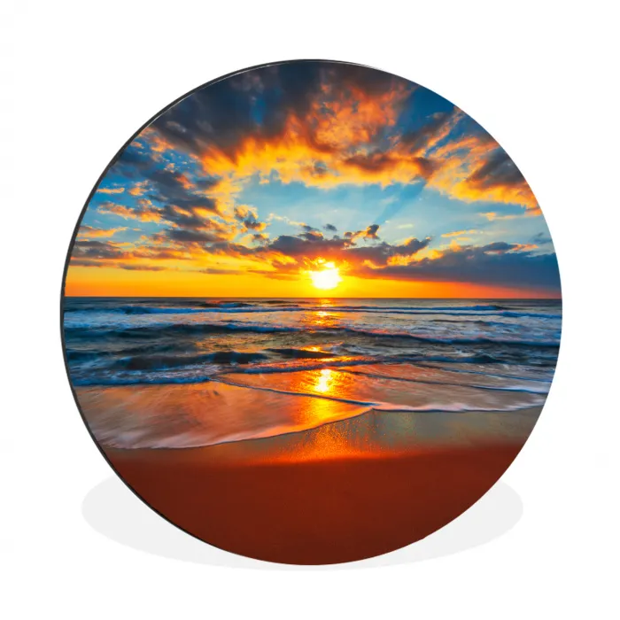 Zee - Zonsondergang - Strand - Wolken - Oranje Wandcirkel aluminium klein -3d