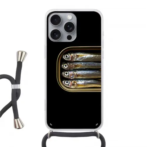 Sardines - Blik - Zwart - Vissen Hoesje iPhone 16 Pro Max met koord klein -3d