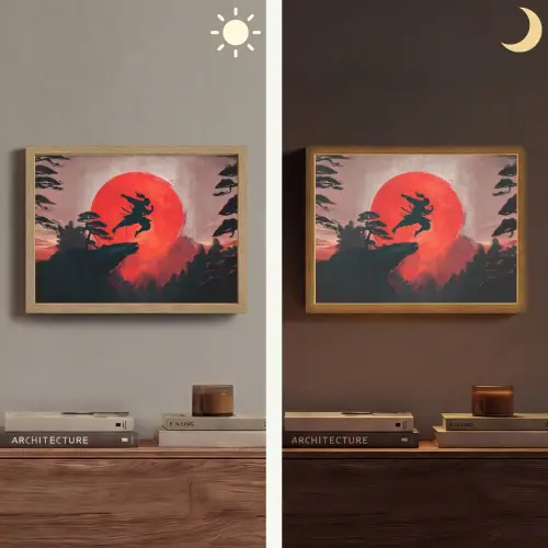 Zon - Krijger - Bomen - Bergen Light Box met batterij (Wandlamp) middel -sfeer3