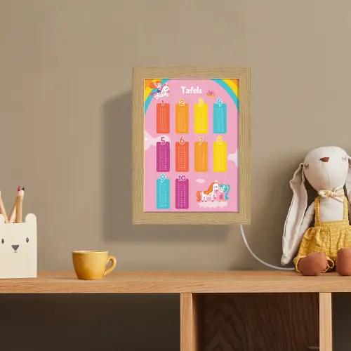 Tafels van vermenigvuldiging - Leren rekenen voor kinderen - Cijfers oefenen - Eenhoorn - Roze Light Box met kabel (Wandlamp kind) klein -sfeer2_kind