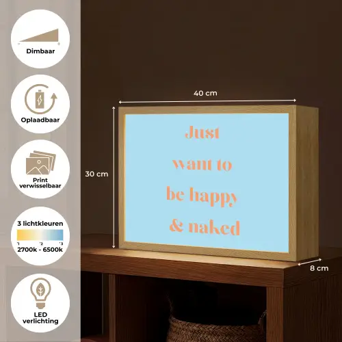 Blauw - Oranje - Just want to be happy & naked Light Box met batterij (Wandlamp) middel -USP_websiteoverzichtNL