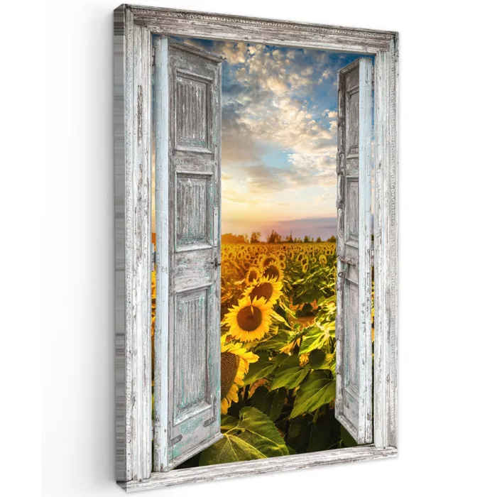 Oude deuren naar zonnebloemveld Tuinposter op houten frame 2 cm dik klein -3d