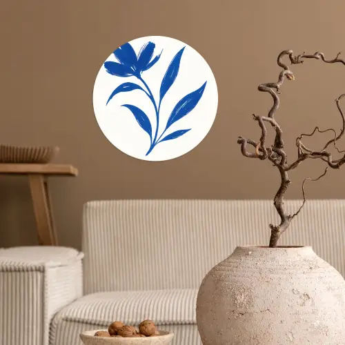 Bloem - Blaadjes - Minimalistisch - Blauw Wandcirkel behangsticker klein -sfeer1